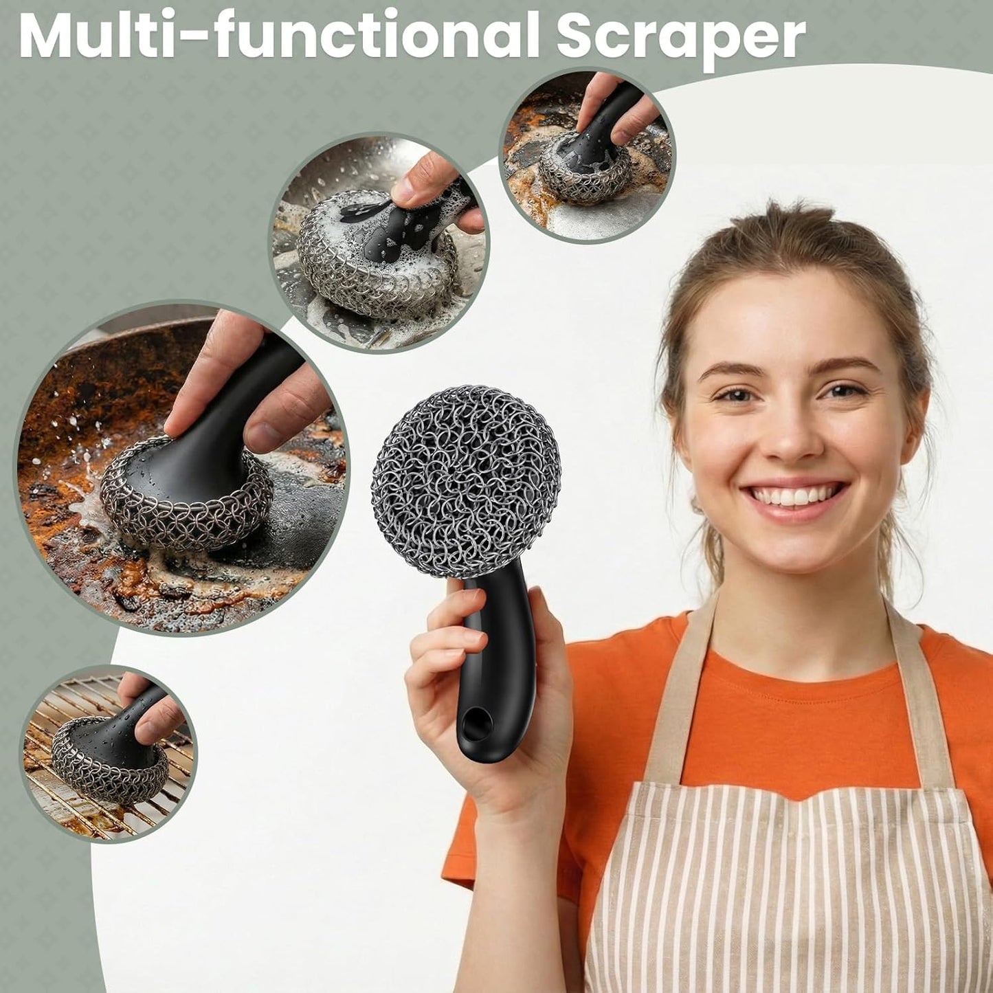 Cast Iron Scrubber with Long Handle | 316 Cast Iron Cleaner Chainmail Scrubber for Pan Skillet Cleaner - Dish Scouring Pad Dishwasher Safe Cleaning Kit (Blue, 1 Scrubber + 1 Scraper)