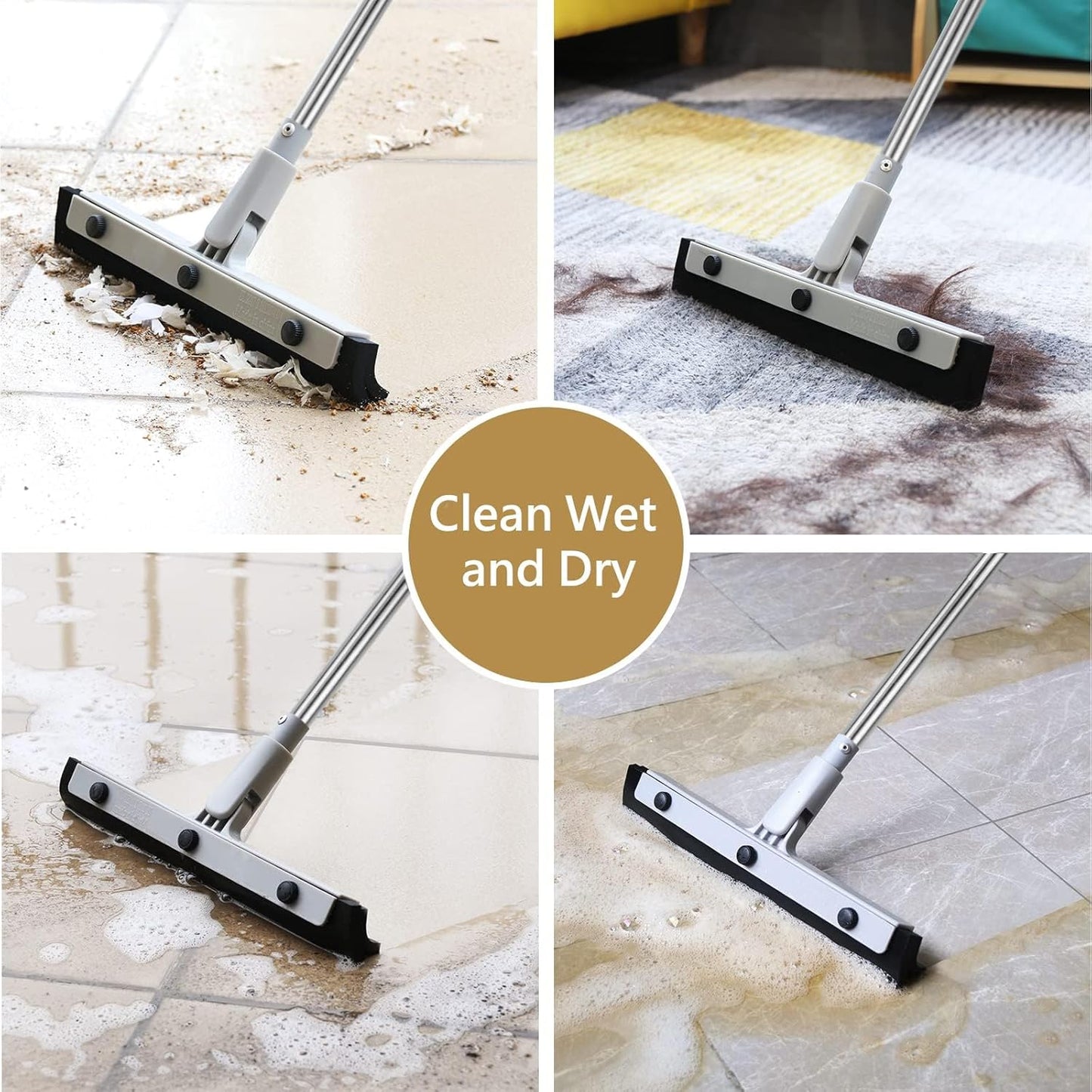 DrDirt Floor Squeegee with 14-Inch Swivel Head | 50-Inch Stainless Steel Handle and Replaceable Dual Foam Blades | Water Broom & pet Hair Remover | Ideal for Garage Tiles & Carpets