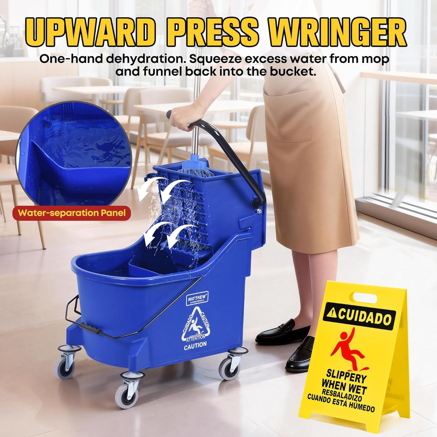 Matthew Cleaning 34 Quart Commercial Mop Bucket INCL.Wet String Mop with Side Press Wringer On Wheels,Heavy Duty Tandem Portable Floor Cleaning Wavebrake,Ideal for Household,Industrial,Restaurant