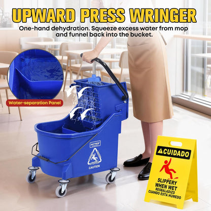 Matthew Cleaning 34 Quart Commercial Mop Bucket INCL.Wet String Mop with Side Press Wringer On Wheels,Heavy Duty Tandem Portable Floor Cleaning Wavebrake,Ideal for Household,Industrial,Restaurant