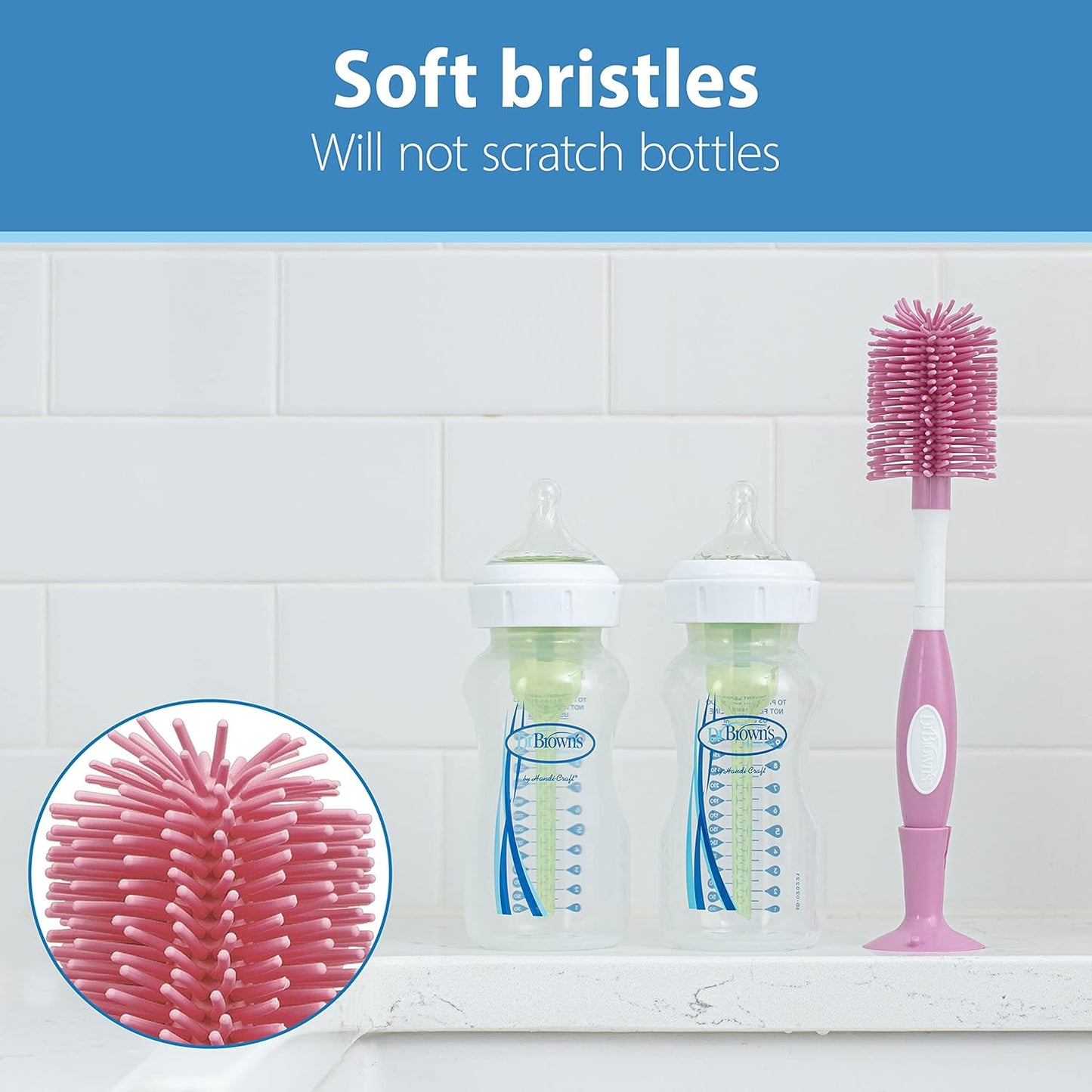 Dr. Brown's Reusable Sponge Baby Bottle Cleaning Brush with Suction Cup Stand, Scrubber and Nipple Cleaner, Pink 1-Pack