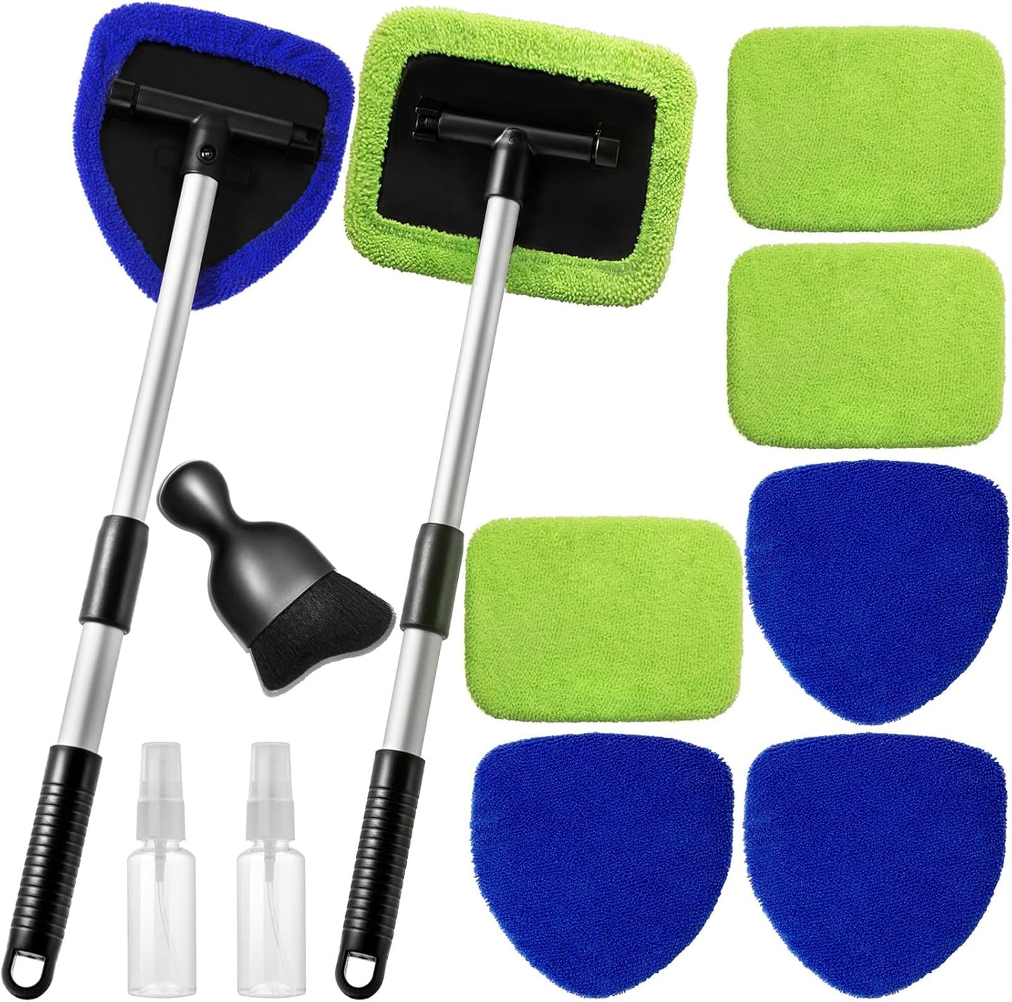 Qydipclin 11pcs Windshield Cleaner Tool, Car Window Cleaning Wash Kit with 6 Reusable Microfiber Pads 2 Spray Bottles and Extendable Handles Auto Glass Wiper Kit, Blue