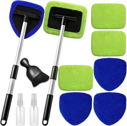 Qydipclin 11pcs Windshield Cleaner Tool, Car Window Cleaning Wash Kit with 6 Reusable Microfiber Pads 2 Spray Bottles and Extendable Handles Auto Glass Wiper Kit, Blue