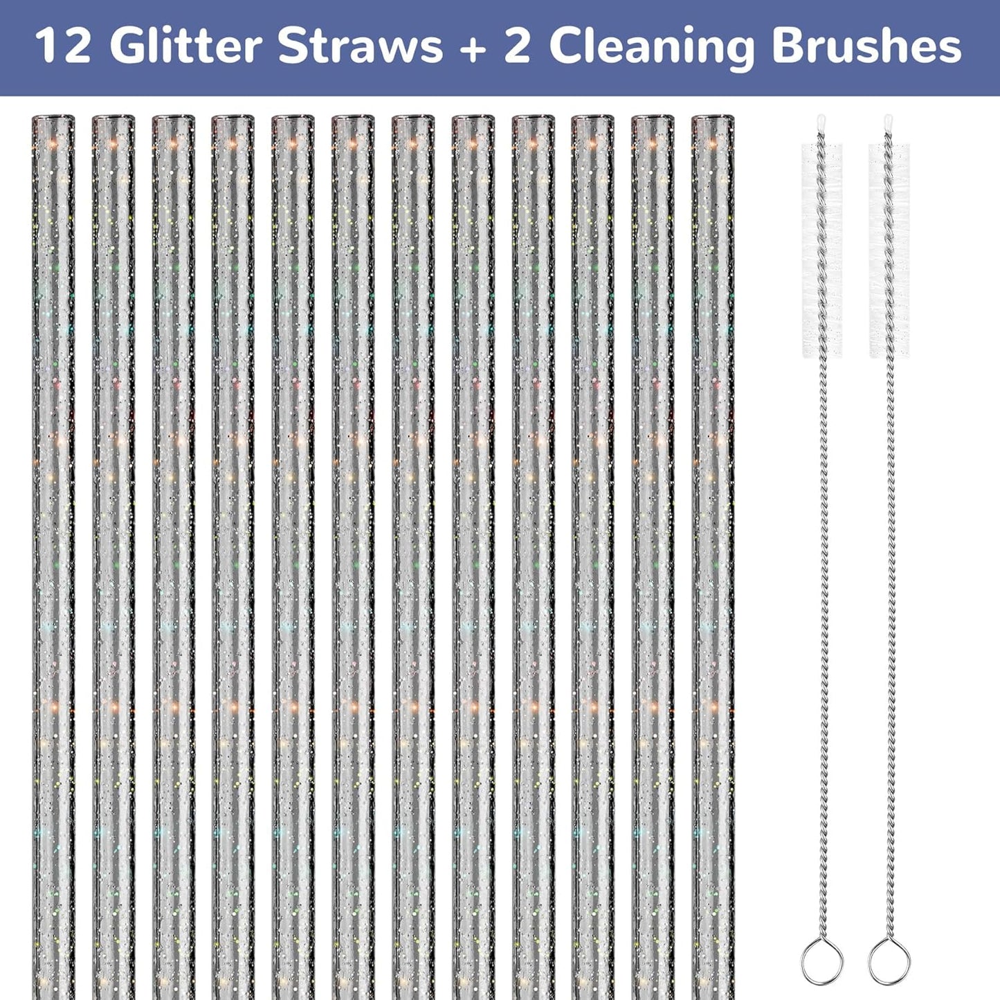 NiHome 12-Pack Glitter Replacement Straws for Stanley Tumbler 40OZ & 2 Cleaning Brushes Set, 12" Length BPA-Free Durable PETG Material for Various Beverages & Cups, Adds Sparkle to Your Drinks (Clear)