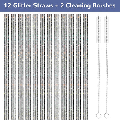 NiHome 12-Pack Glitter Replacement Straws for Stanley Tumbler 40OZ & 2 Cleaning Brushes Set, 12" Length BPA-Free Durable PETG Material for Various Beverages & Cups, Adds Sparkle to Your Drinks (Clear)