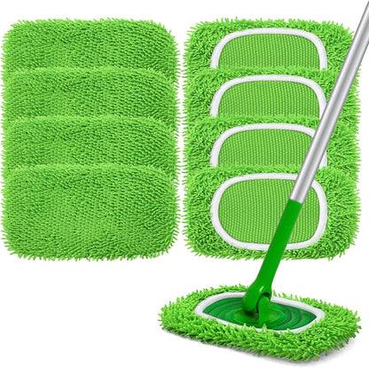 Reusable Microfiber Mop Pads Compatible with Swiffer Sweeper- 4 Pack Dry Sweeping Cloths & Wet Mopping Cloths - Chenille Washable Wet Pads Refill for Mopping Floors (Mop is not Included)