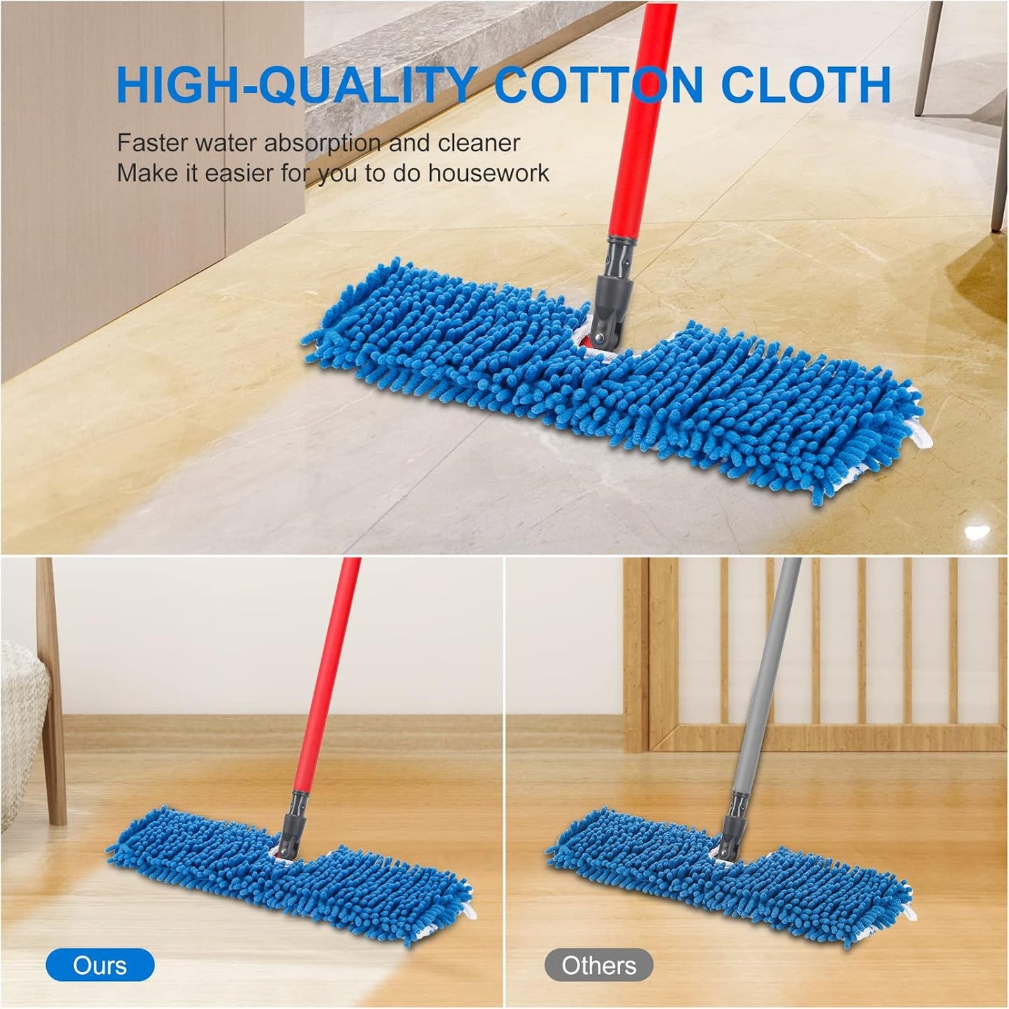CLEAN PIONEER 3 Pack Mop Heads Replacement Compatible for Oceda Dual-Action Flip System, Dry and Wet Used, Chenille Double Sided Mop Refills Head for Most Hardwood Floors