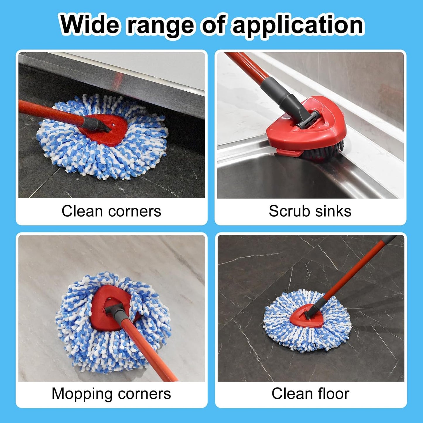 Spin Mop Handle, Mop Replacement Head,Brush,Base Compatible with OCedar EasyWring 1 Tank,2 Microfiber Mop Refills,1 Mop Base,1 Brush and 30-58" Mop Handle Combo Set for OCeda,Use for Floor Cleaning