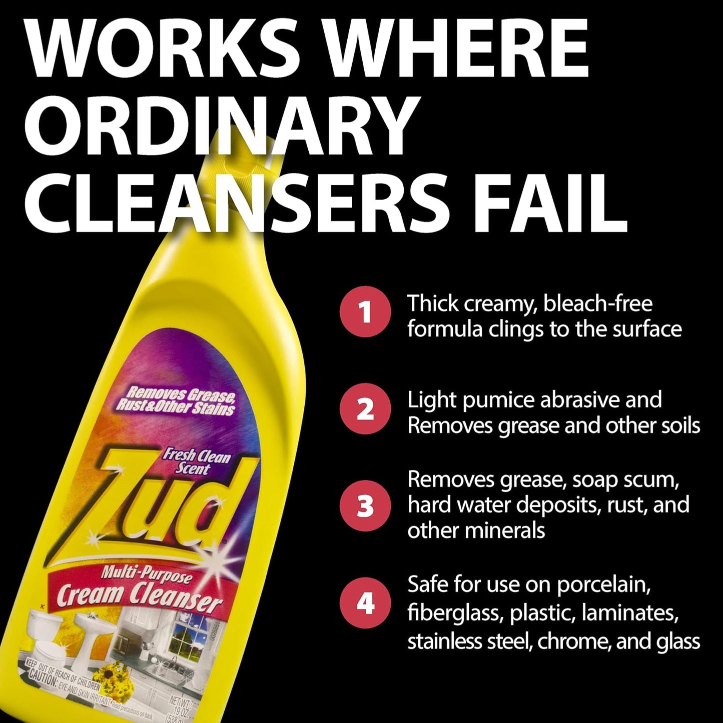Zud Cream Cleanser (2-Pack) - Ultimate Bathroom Cleaner / Bleach-Free Formula for Shiny Surfaces / Removes Rust, Hard Water Stains, & Grime / Best for Countertops, Bathrooms, Marble, and More (530019)