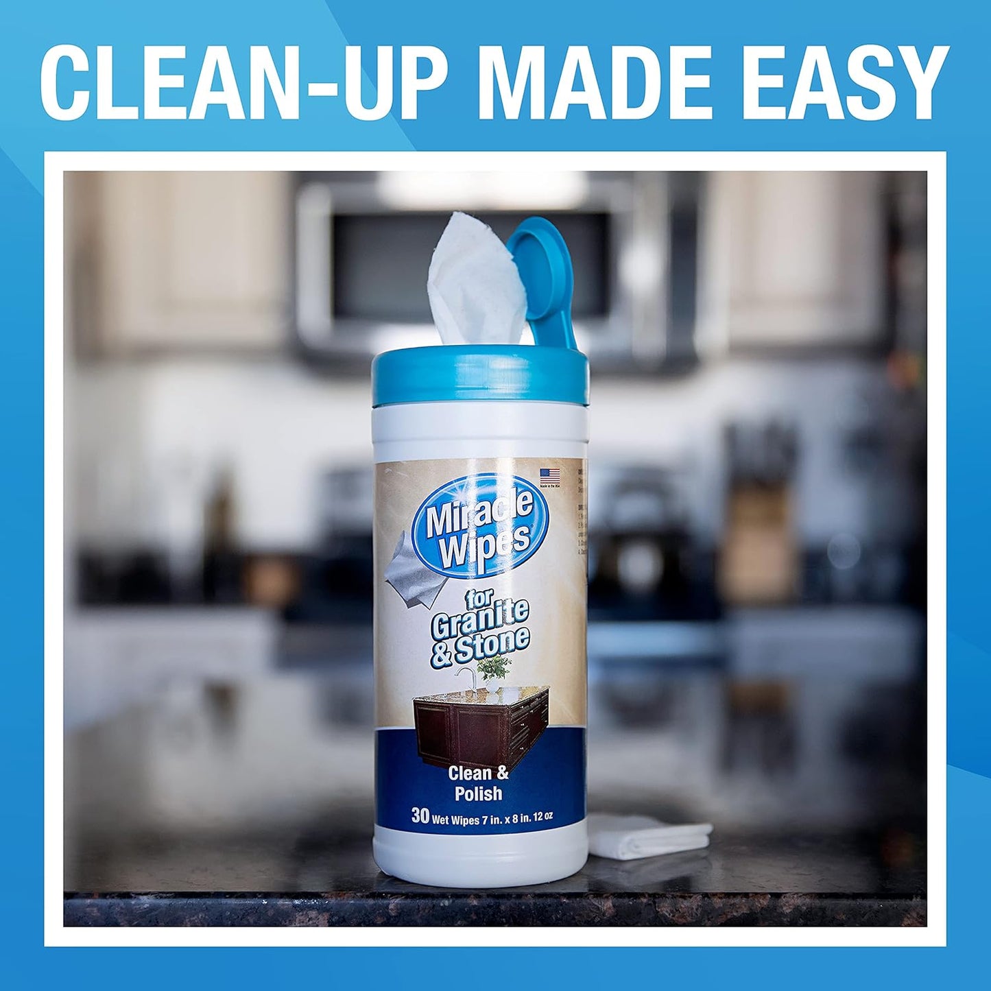 MiracleWipes for Granite & Stone, Clean, Protect, Polish Stone, Marble, Quartz, Slate, Tile, Laminate Surfaces in Kitchen and Bathroom - 30 Count