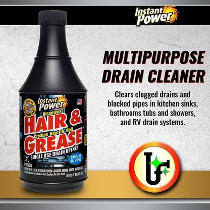 Instant Power Hair and Grease Drain Cleaner - Shower Drain & Sink Cleaner, Liquid Clog Remover, Made in USA, Sink Deodorizer - 1 Liter (Pack of 2)