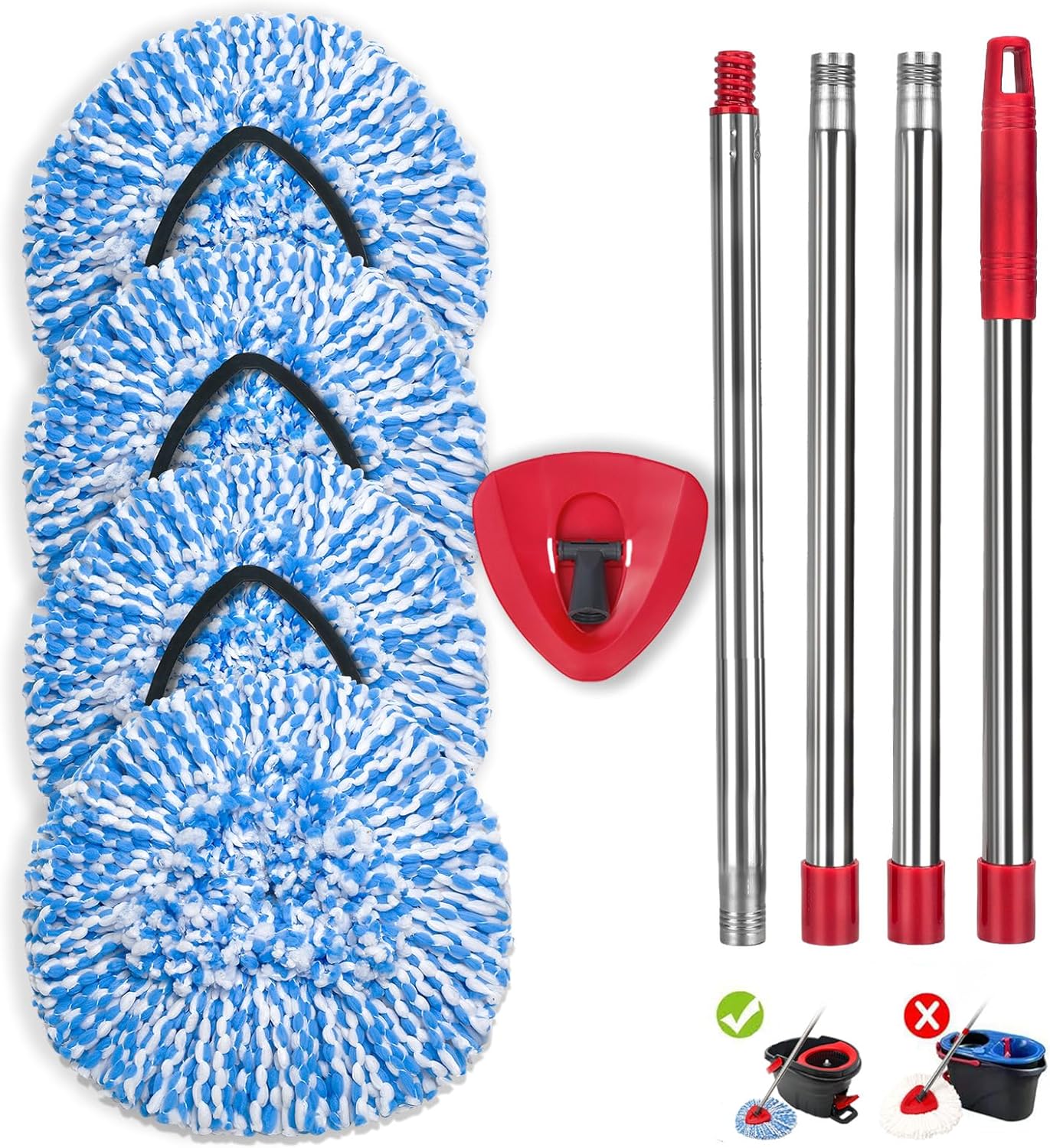4 Pack Spin Mop Replacement Heads Compatible for O Ceda EasyWring 1-Tank Triangle System, Microfiber Mop Refills for 5.9inch Core,Deep Cleaning, Included Base and Handle
