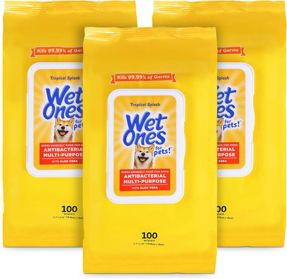 Wet Ones for Pets Antibacterial Dog Wipes, Multi-Purpose Grooming Wipes with Aloe Vera for Paws, Face & Body, Easy Cleanups Between Baths, Tropical Splash Scent, 5.7 in x 7.5 in, 50 Count