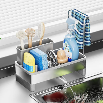 Sponge Holder for Kitchen Sink,Sink Caddy Organizer with Removable Brush Holder,Kitchen Countertop Soap Dispenser Storage with Detachable Towel Rack,Black