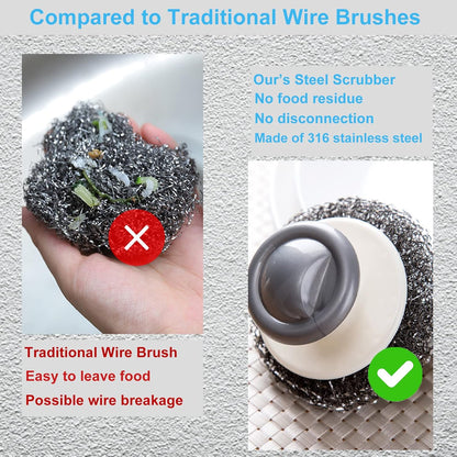 Onewly 4Pcs Steel Wool Scrubber Set, Stainless Steel Scrubber with Stainless Steel Handle, for Cleaning Dishes, Cast Iron, Stock Pots, Pans, Griddles, Grills