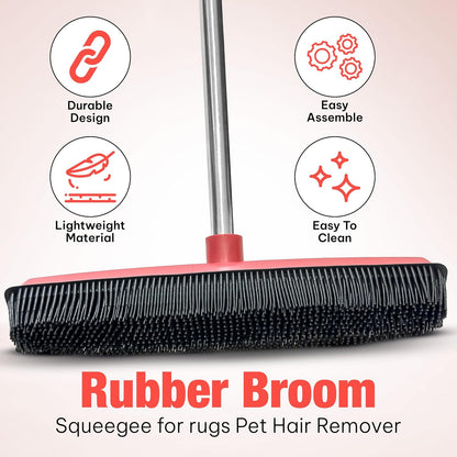 Hybrid Dog Pet Hair Removal Broom with Squeegee – Adjustable Handle Rubber Broom for Pet, Hardwood Floors, Tile, & Liquid-Dirt with 2 Portable Hair Brushes & Cloth
