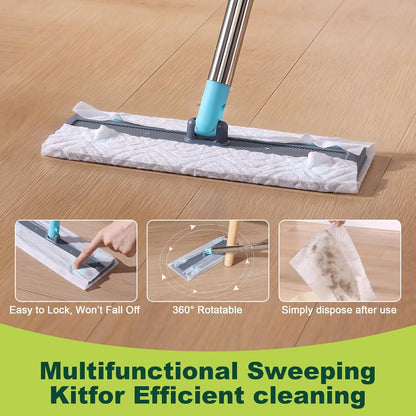 JOYMOOP Sweeper Mop Kit for Floor Cleaning, 36 Pcs Dry Cloth Refills (Unscented) + 6 Pcs Wet Cloth Refills (Lemon Scent) – Wet and Dry Mop for Pet Hair and Dust, Turquoise-Cyan + Muted Grey