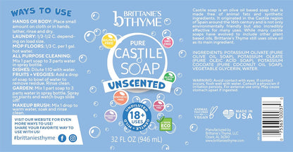 Brittanie's Pure Organic Castile Liquid Olive Oil Soap Refill, 1 Gallon Unscented | Face, Body Wash, All Purpose Cleaner, Dishes, Pets, Laundry | Vegan, Biodegradable, Made in USA
