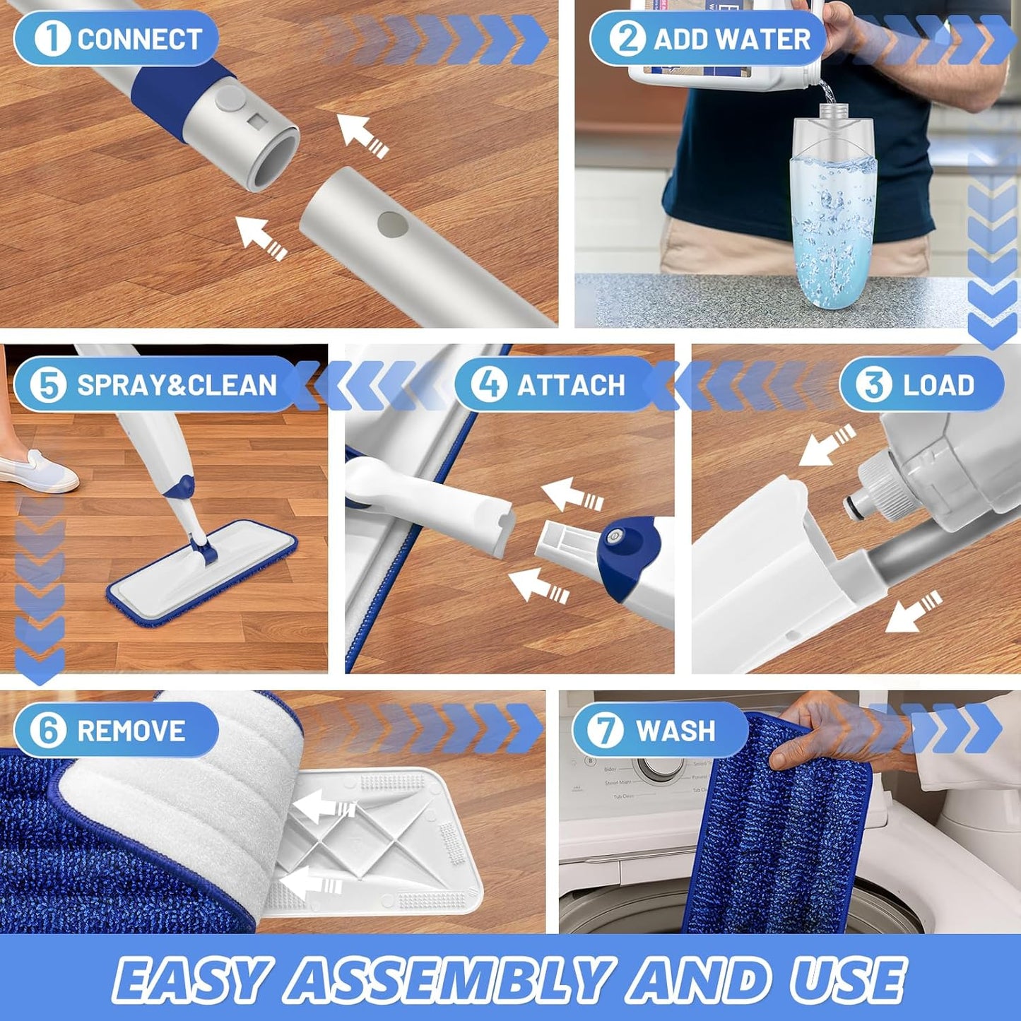 HOMTOYOU Spray Mops for Floor Cleaning: Wet Mop for Hardwood Tile Wood Laminate Vinyl - 3 Washable Microfiber Pads for Swiffer Powermop - Absorbs Pet Hair Dust