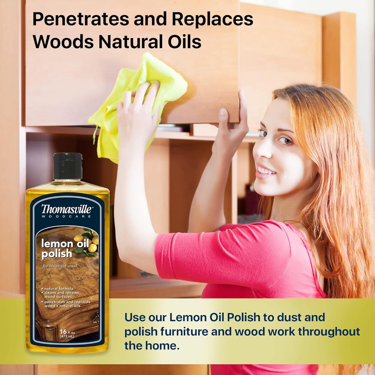 Thomasville LEMON OIL POLISH - Wood Cleaner & Furniture Polish, Cleans, Renews, Restores & Rejuvenates Surfaces, Protects Wood from Drying or Cracking, Leaves a Shiny Finish, 16oz
