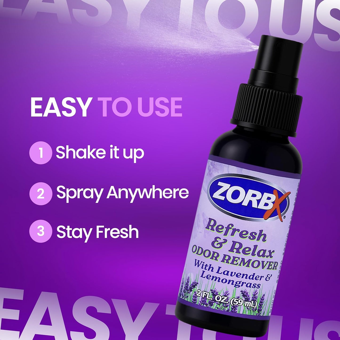 ZORBX Refresh & Relax Odor Remover Spray with Lavender & Lemongrass 8 Oz (Pack of 2) – Permanent Solution Room Freshener & Air Freshener Spray for Home, Bathroom, Furniture, Carpet, Car, Gym & Laundry