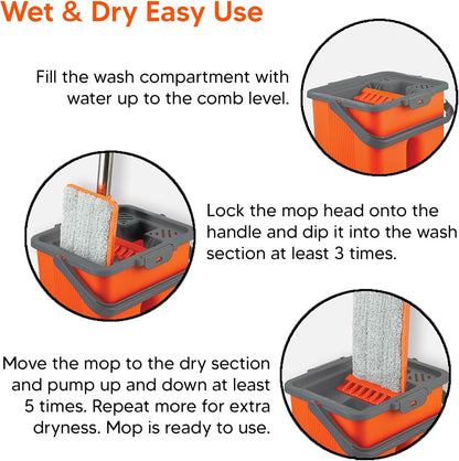 Macromax Flat Mop and Bucket Set – 100% Microfiber Mop with Dual Wet & Dry Use – Slim Design for Corners & Under Furniture – Easy-Squeeze Bucket for Hardwood, Tile & Laminate Floors