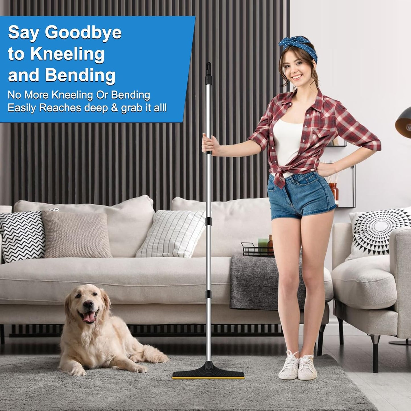 5FT Carpet Rake Pet Hair Remover, Reusable Carpet Rake with Telescopic Handle for Pet Hair Removal Tool Dog Cat Fur Remover Broom for Rugs, Mats, Beds, Stairs (Blue)
