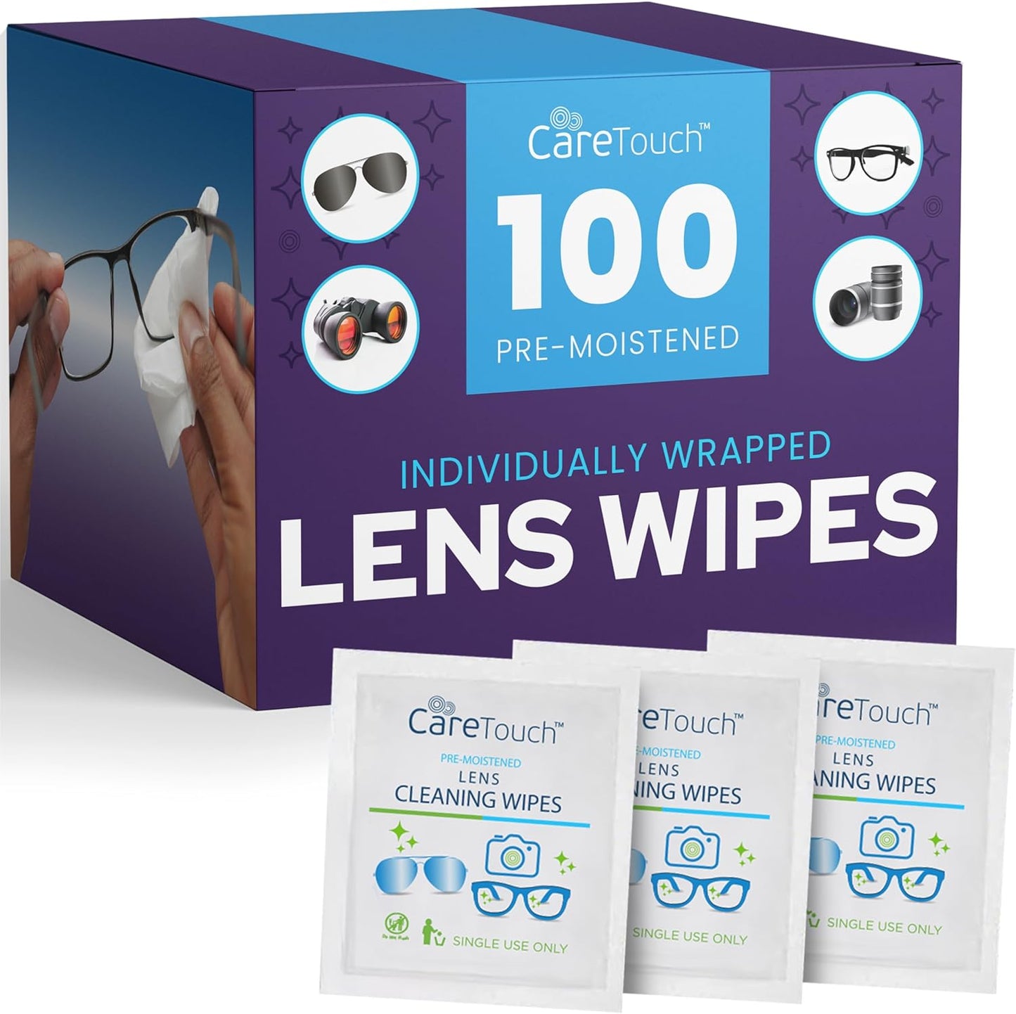 Care Touch Lens Wipes for Eyeglasses- 100 Count Individually Wrapped Pre- Moistened Wipes, 5 x 6 Inch- Camera Lens, Sunglasses and Glasses Cleaner,- Gentle and Portable for Cleaning of Optical Devices