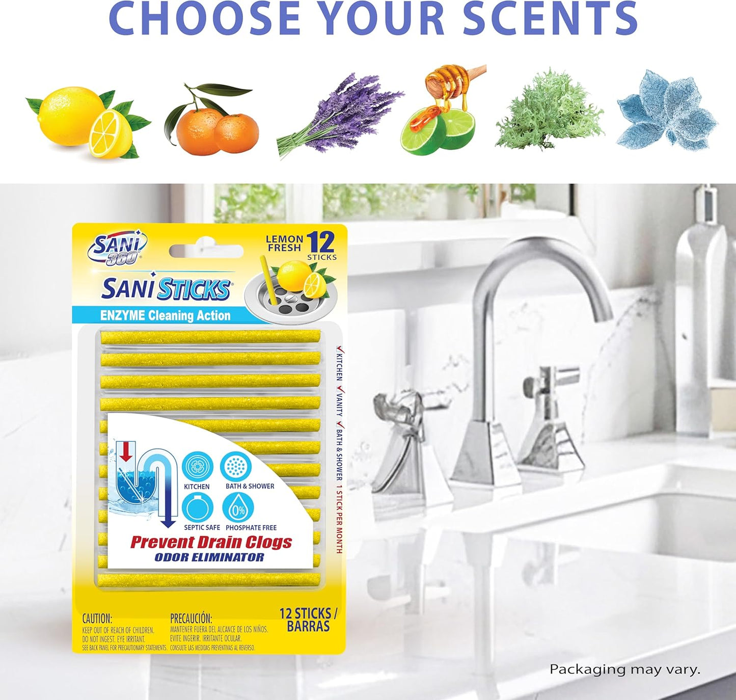 SANI 360° Sani Sticks Drain Cleaner and Deodorizer, 24 Count, Lemon Scent Enzyme Pipe Cleaners, Eliminate Odors, Prevent Clogged Drains, Safe for Sinks, Bathtub Drains, Septic Tanks
