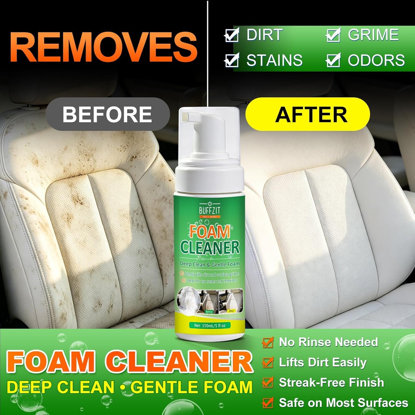 Car Interior Foam Cleaner, All-in-One Kit with Soft Brush & Microfiber Towel, Deep Clean Seats, Carpet & Upholstery, No-Rinse, Safe on Leather, Fabric, Vinyl & Plastic, 150ml (5oz)