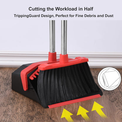 Tiumso 3-Pack Upright Broom with Dustpan Combo Set, Commercial Broom and Dustpan Set, Industrial Brooms and Dust Pan with Long Handle for Restaurant Kitchen Shop Warehouse Lobby Garage - Black