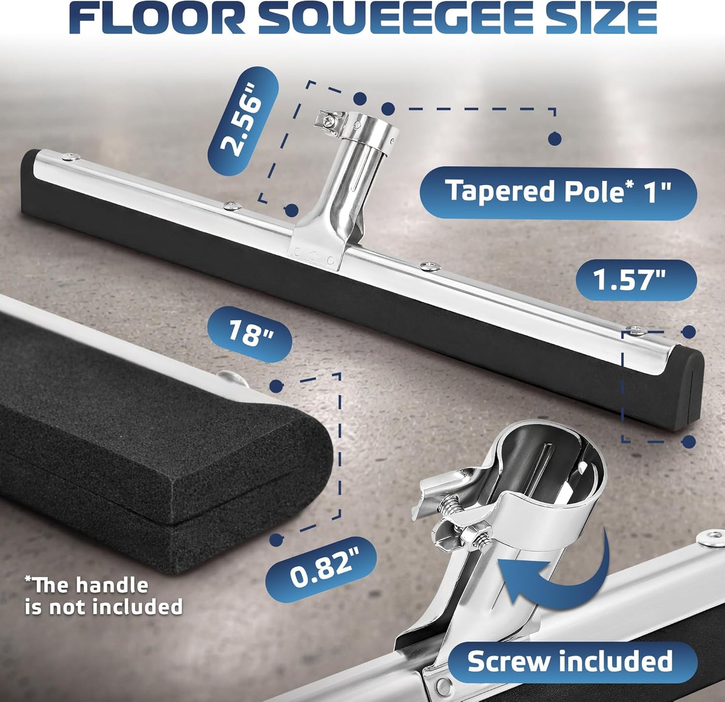 DSV Standard Uneven Surface Floor Squeegee 18’’, Double Foam Blade Garage Squeegee, Taper Pole Connection - Handle Sold Separately for Tiles, Concrete and Asphalt