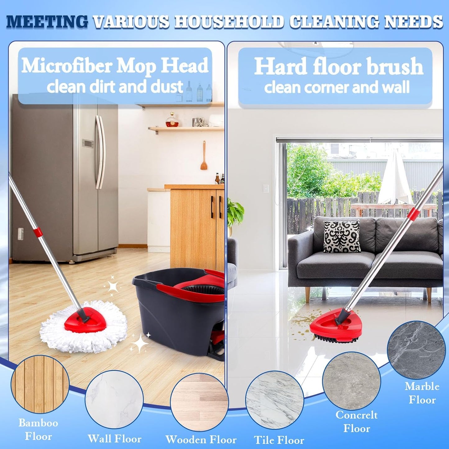 4 Packs Spin Mop Replacement Heads Compatible with Ocedar RinseClean 2-Tank System, 30-58" Mop Handle,Mop Scrub Brush and Base Combo Set,Mopping Refills Easy to Replace and Cleaning