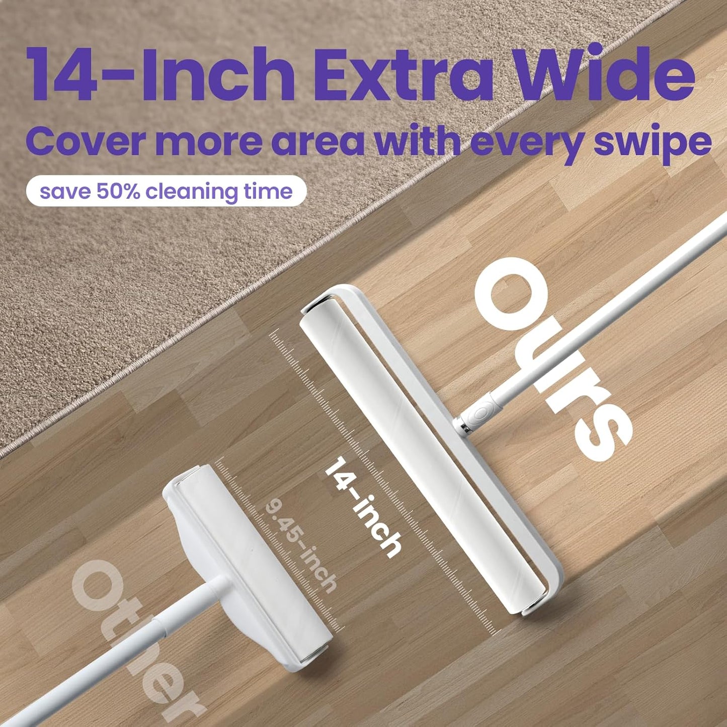 Large Lint Rollers for Carpet: Sticky Rollers for Floor DELOMO 9.45 in with 3 Extendable Handle, Long Handle Sticky Mop for Cleaning Carpets, Cars, Bedding, Couches, and Pet Hair - for Pet Homes
