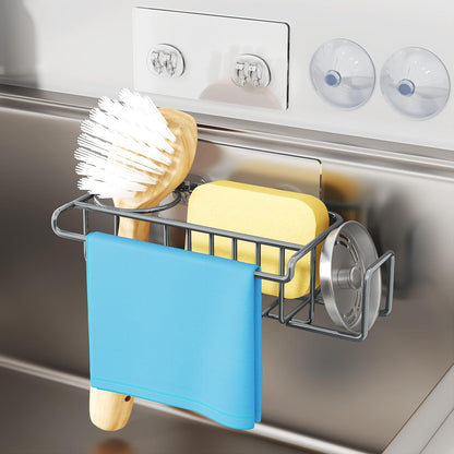 HapiRm 4 in 1 Kitchen Organizers and Storage, SUS304 Stainless Steel Brush Holder + Dish Cloth Hanger + Soap Rack + Sink Stopper Rack, No Drill Kitchen Essentials - Black