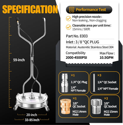 14" Pressure Washer Surface Cleaner with 4 Wheels - Stainless Steel Surface Cleaner for Pressure Washer Attachment for Concrete, Patio, Sidewalk, Deck and Driveways - PWS14