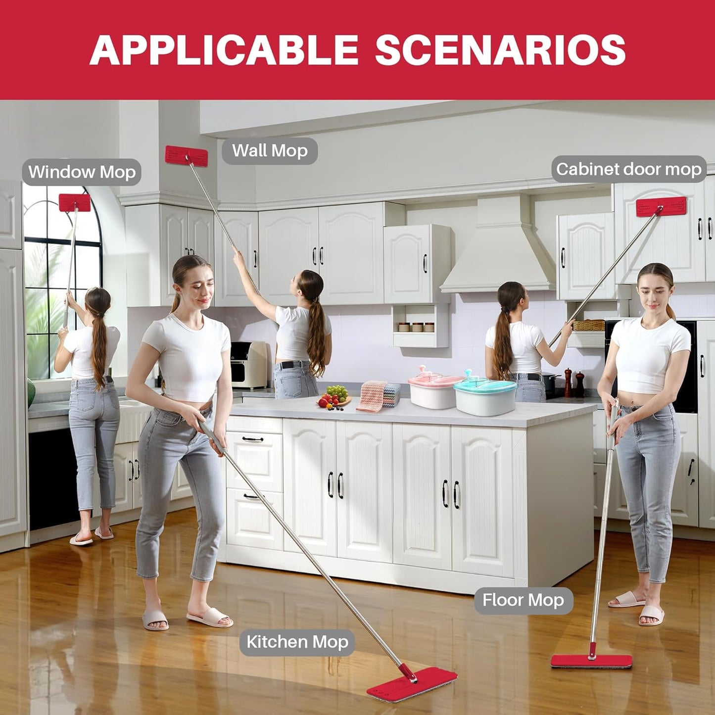 JOYMOOP Flat Mops, Microfiber Mop for Floor Cleaning and Wall Cleaner, 50" Mop Handle with Flexible 13" Flat Head with a Microfiber Mop Pad - White
