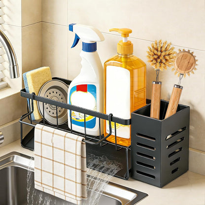 Kitchen Sink Caddy Organizer with Removable Brush Holder and Self Drain Tray, Kitchen Sink Organizer for Sponge, Soap,Dish Brush,Scrubber,Kitchen Essentials and Gadgets(Black)
