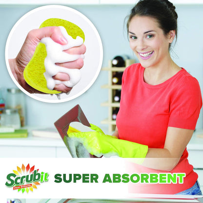 Scrub Sponge by Scrubit –Multipurpose Cellulose Cleaning Sponges with Non Scratch Scouring Pad for Dishes, Pots, Pans, Glass Cooktop - Super Absorbent - Unique Shape to Protect Nails: 12 Pack