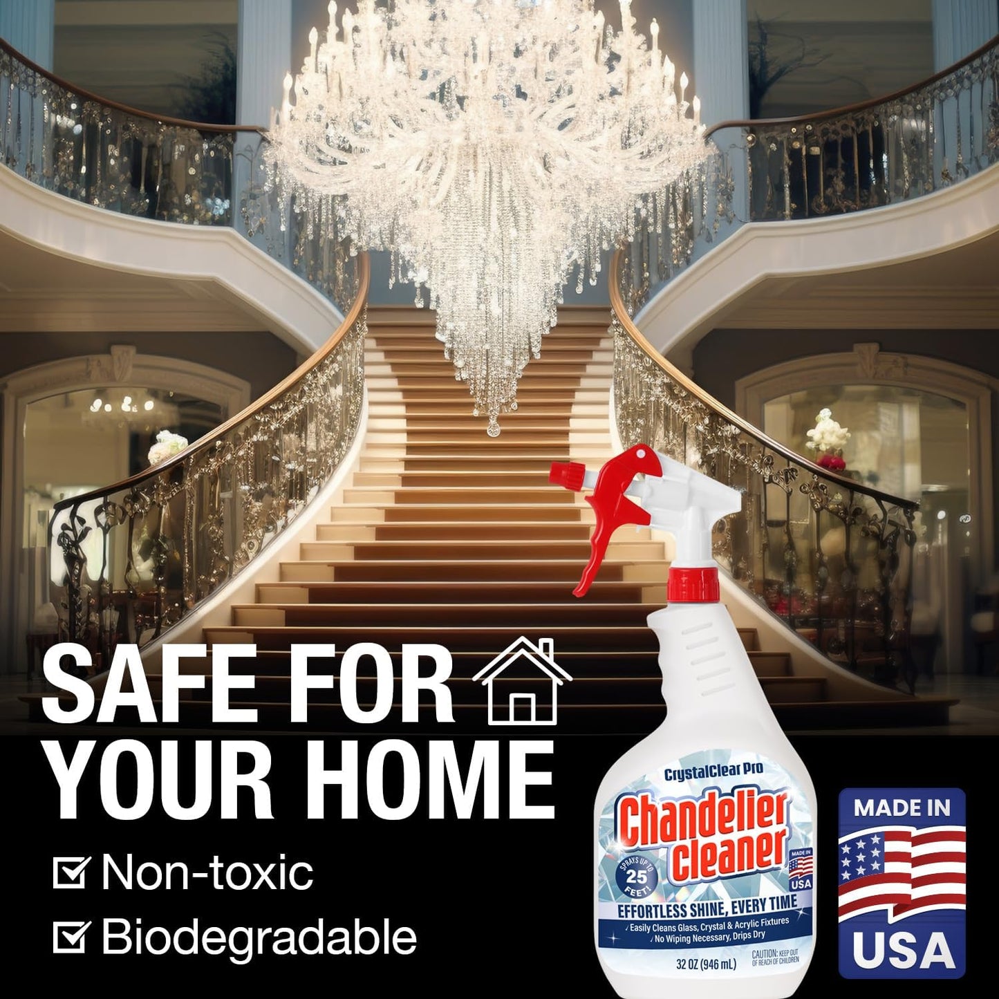 Chandelier Cleaner Spray, 32 oz — No Wipe Drip Dry Crystal Chandelier Cleaner for Glass, Crystal & Acrylic Light Fixtures, Streak-Free Shine, Sprays Up to 25 Ft, Fast Effortless Cleaning, Made in USA