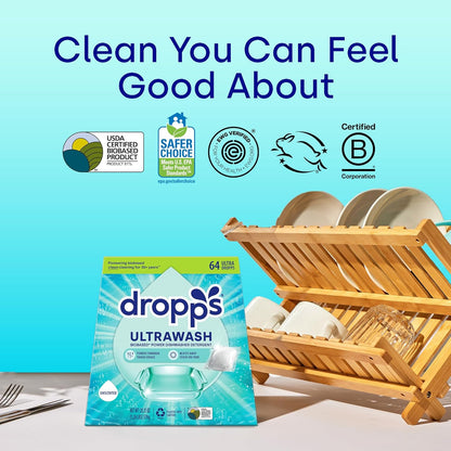 Dropps UltraWash Dishwasher Detergent Pods, Lemon Citrus (32 Ct) - Cuts Grease & Stuck-On Food | Sparkling Dishes & Glasses | Residue-Free | Clean Ingredients | No Pre-Rinse | Plastic Free Packaging