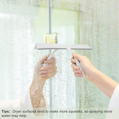 Shower Squeegee for Glass Doors, 11-Inch Silicone Squeegee with Non-Slip Handle and Adhesive Hook for Bathroom, Mirror, Tile, Car Window (White)