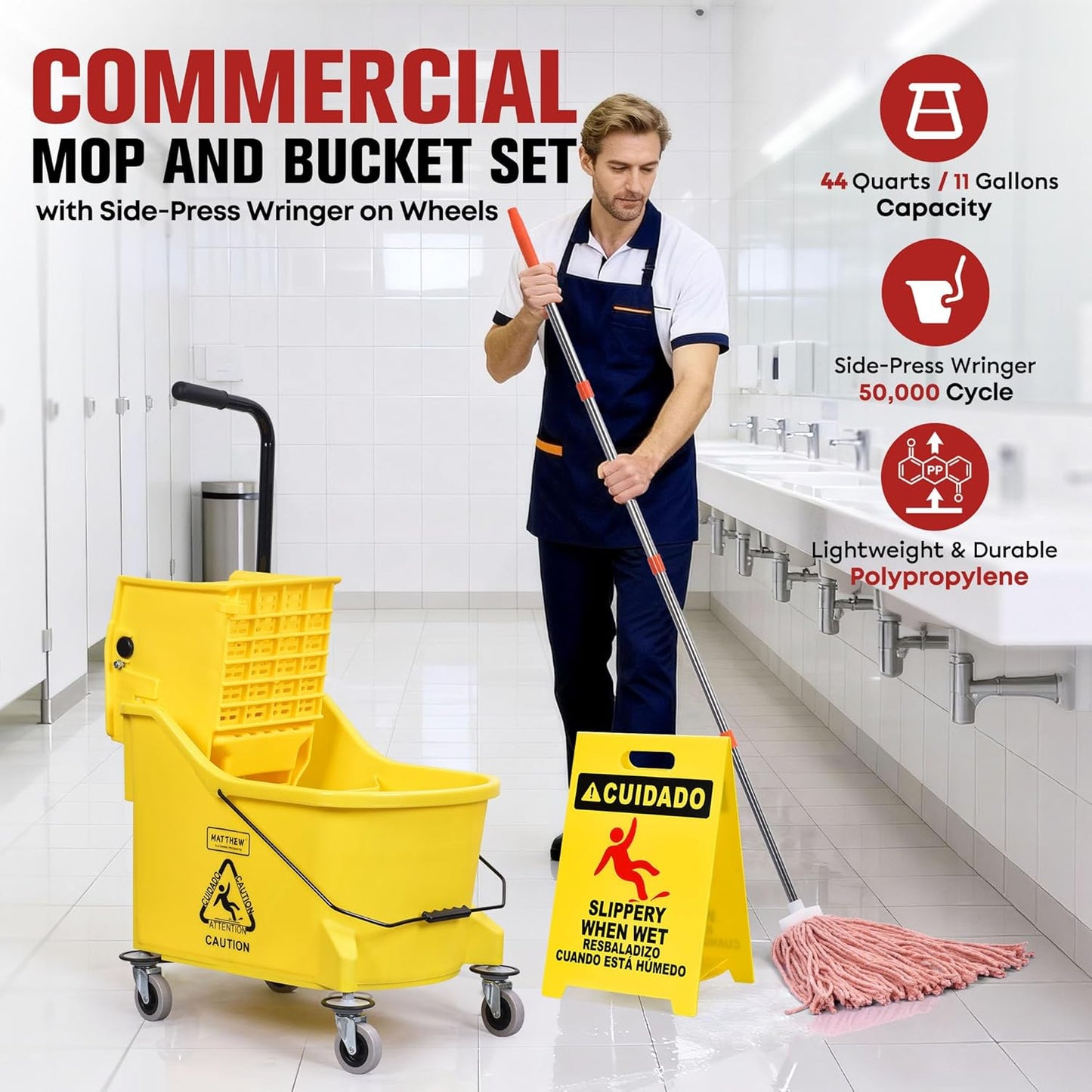 Matthew Cleaning 34 Quart Commercial Mop Bucket INCL.Wet String Mop with Side Press Wringer On Wheels,Heavy Duty Tandem Portable Floor Cleaning Wavebrake,Ideal for Household,Industrial,Restaurant