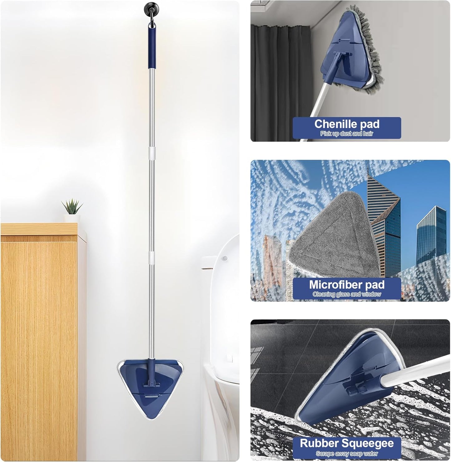 Wall Cleaner Mop with 82" Handle, 360° Rotating Triangle Head and Microfiber Pads, Built-in Squeegee for Ceiling Mop, Baseboard Cleaning and Windows