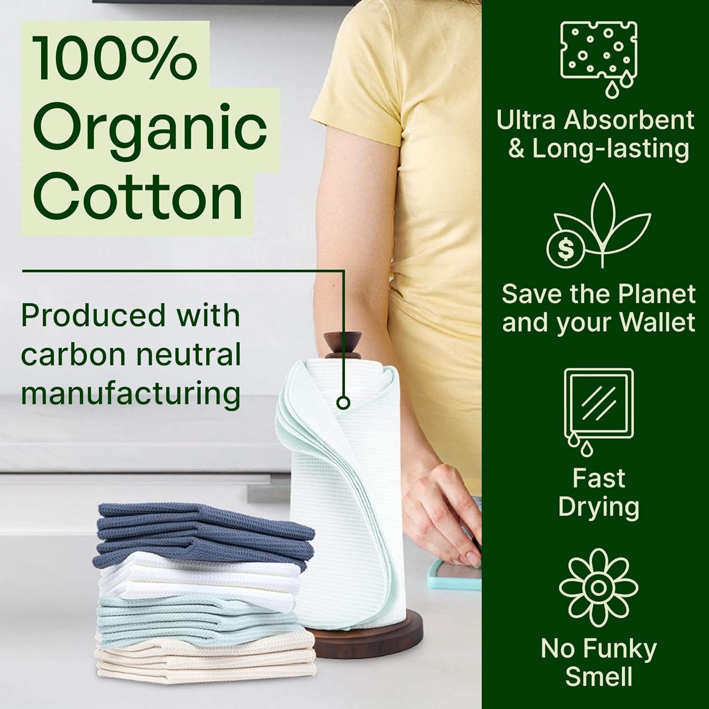 mioeco 20 Pack Reusable Kitchen Paper Towels Washable - Super Absorbent Natural unPaper Towels - Natural Cotton - Reusable, Paperless Kitchen Dish Cloths - 100% Organic