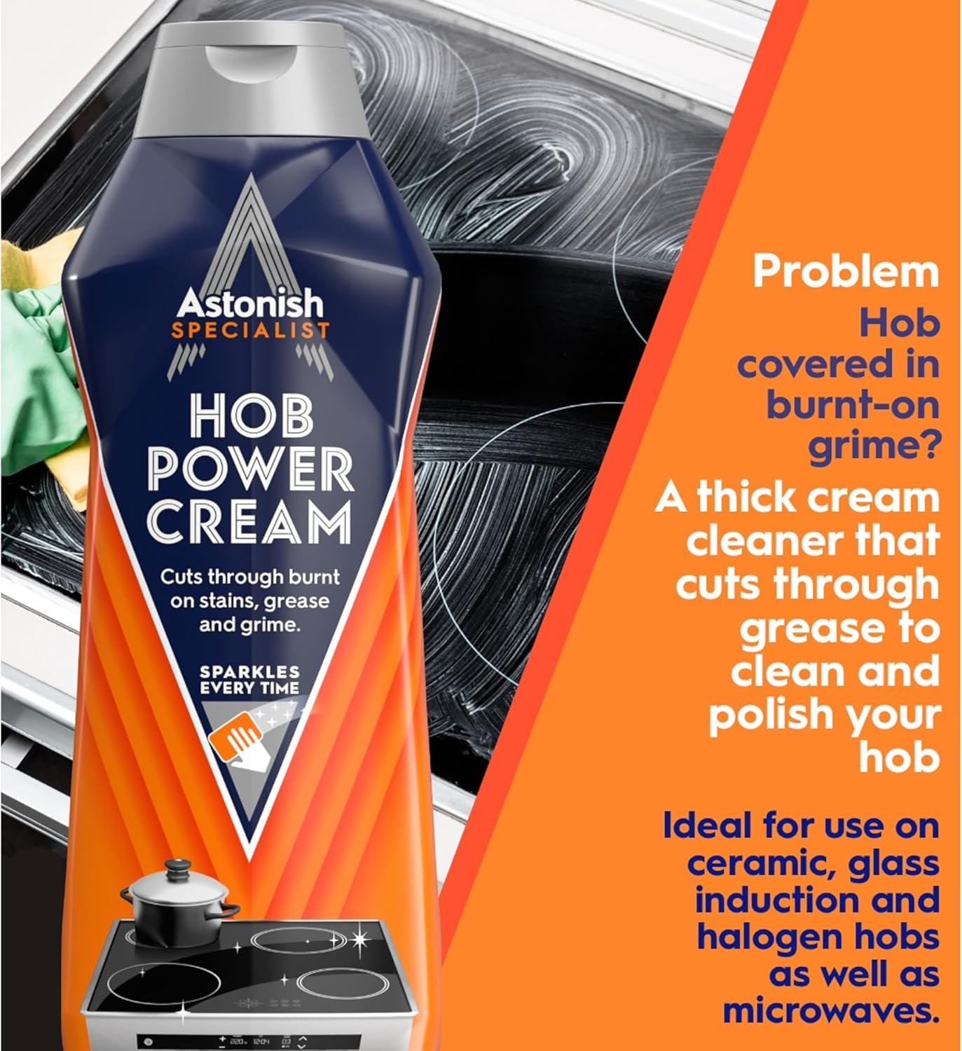 Astonish 500ml Specialist Hob Cleaner Zesty Lemon Cream for Electric Stovetops - Microwave Degreaser, Stove Surface Polish, Tough Grease Remover, Vegan Non Toxic Kitchen Scrub