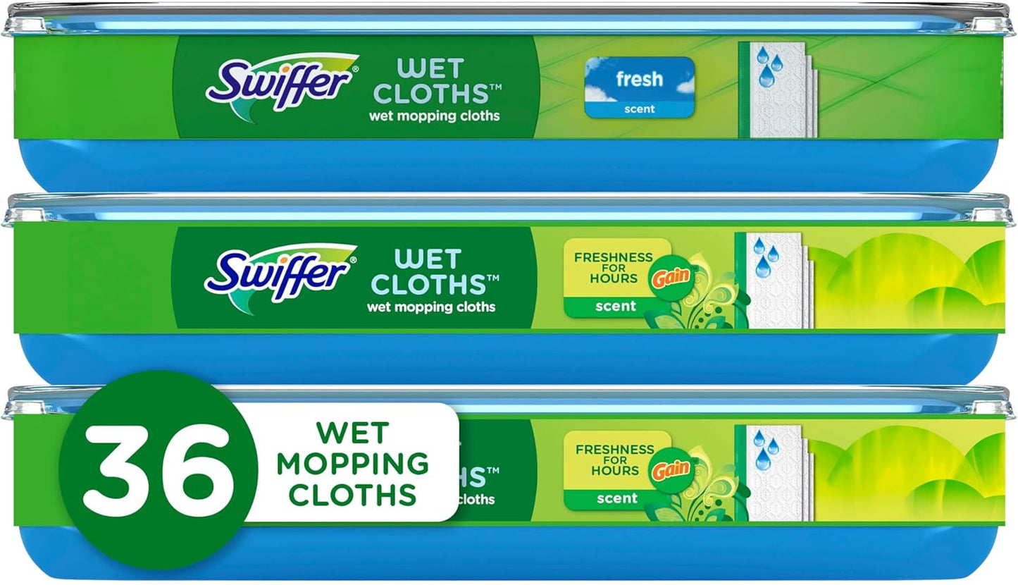 Swiffer Sweep + Mop, Wet Pads Refill, Floor Cleaner for Dirt, Dust, Hair, Cleaning Cloths for Mopping Home, Bathroom, Kitchen, All Purpose Multi-Surface Floor Wipes, Fresh and Gain, 36ct