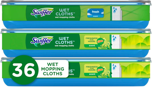 Swiffer Sweep + Mop, Wet Pads Refill, Floor Cleaner for Dirt, Dust, Hair, Cleaning Cloths for Mopping Home, Bathroom, Kitchen, All Purpose Multi-Surface Floor Wipes, Fresh and Gain, 36ct