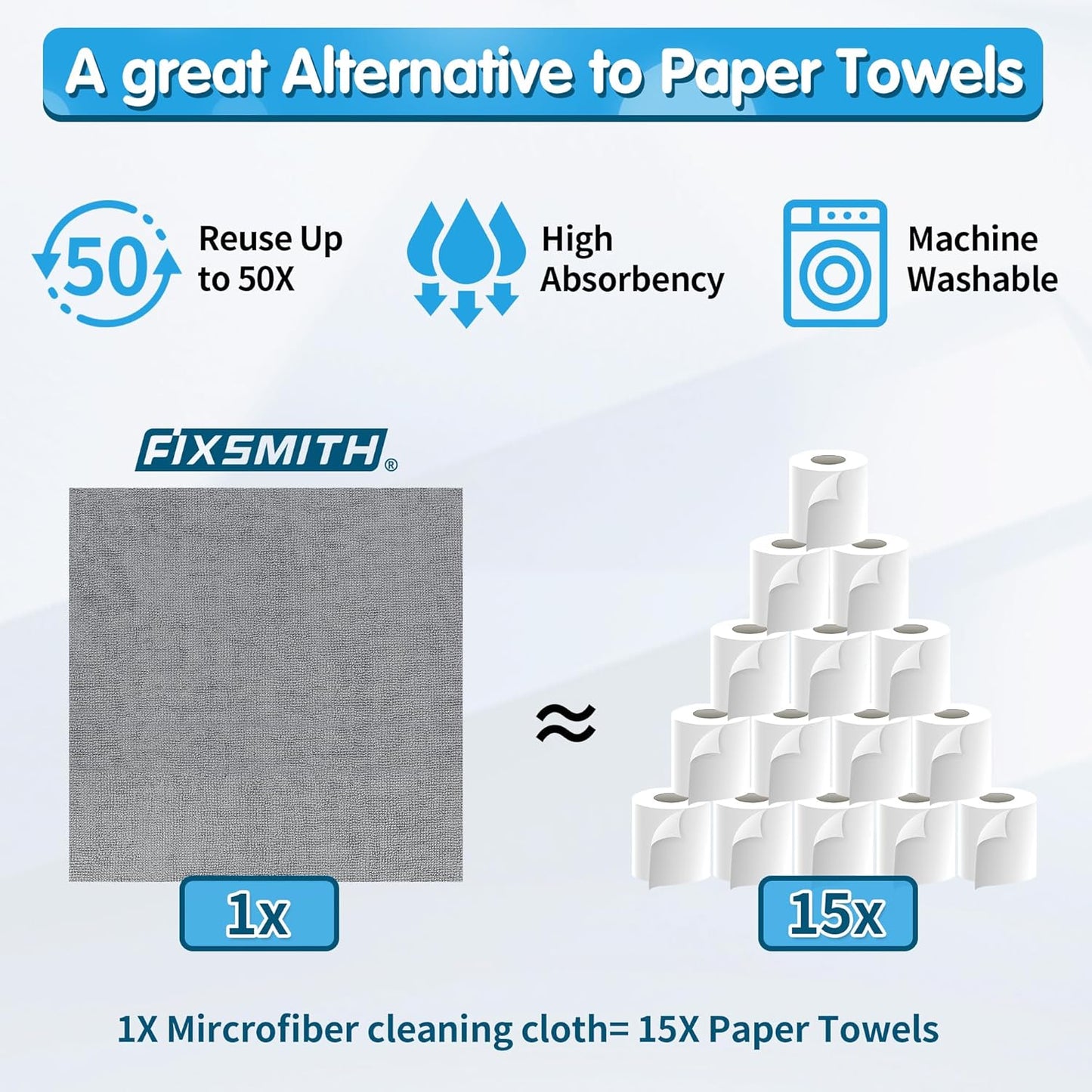 FIXSMITH Microfiber Cleaning Cloth - Pack of 8, Size: 12 x 16 in, Multi-Functional Cleaning Towels, Highly Absorbent Cleaning Rags, Lint-Free, Streak-Free Cleaning Cloths for Car Kitchen Home