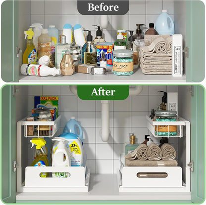 REALINN Under Sink Organizer, L-Shaped 2 Tier Pull Out Cabinet Organizer for Kitchen and Bathroom, Slide Out Under Cabinet Storage, Metal Under Sink Storage with Sliding Drawer, 50 lbs, Black 2 Pack